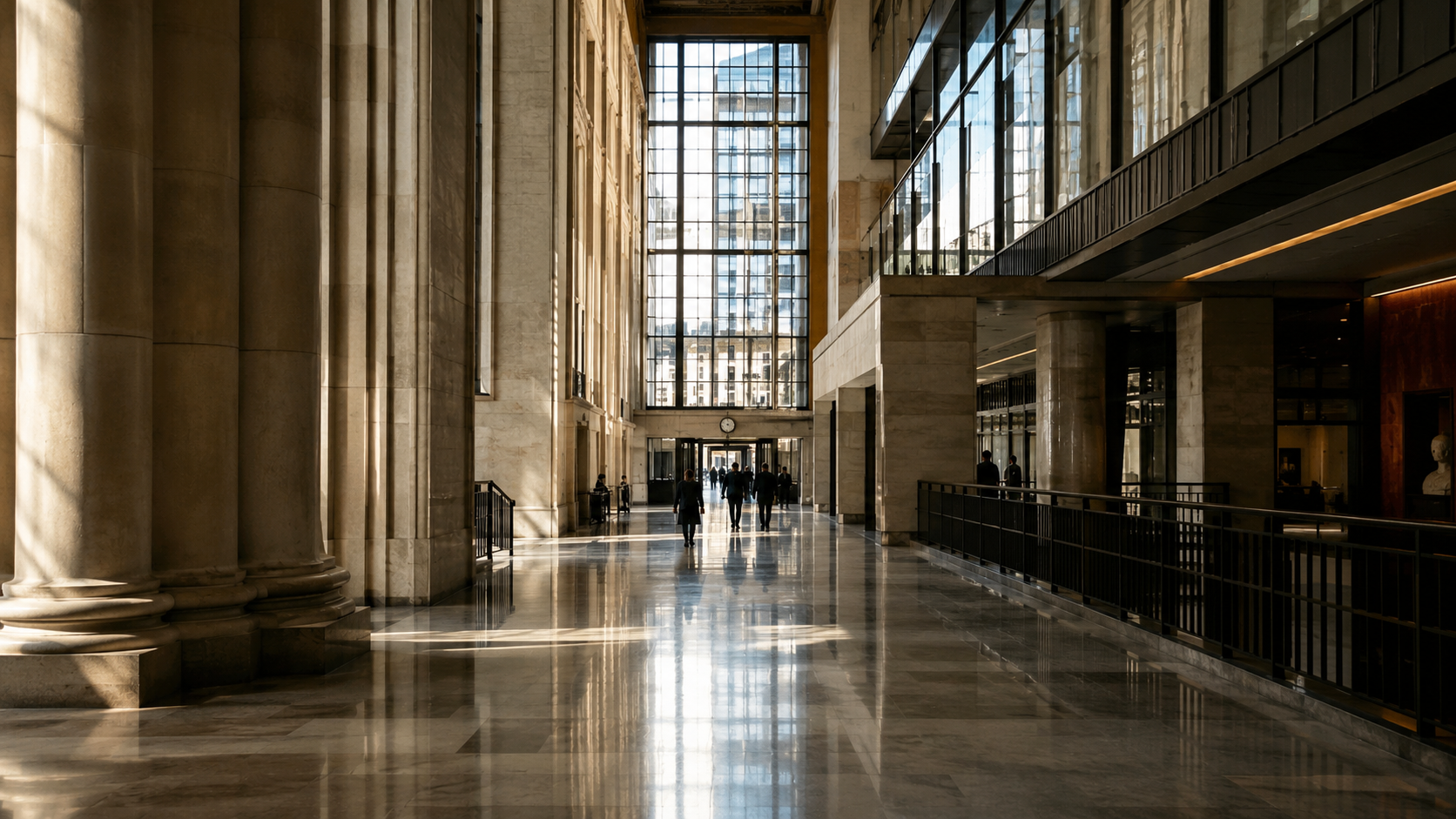 The colonnaded hall of a market institution, sunlight across the stone floor, a few figures walking its length.