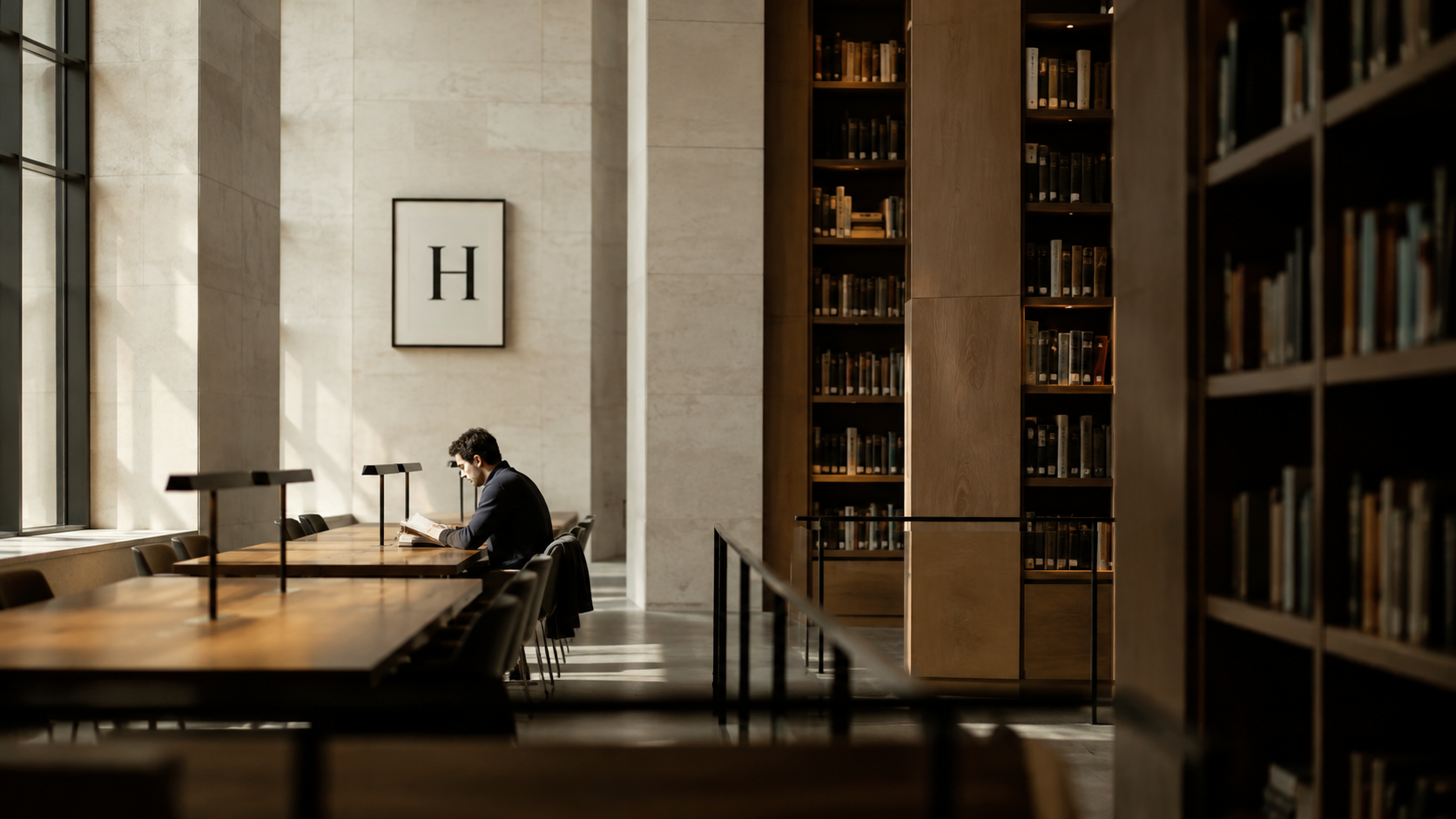 A reading room in a research library, one person working alone at a long table beneath a framed letter H.