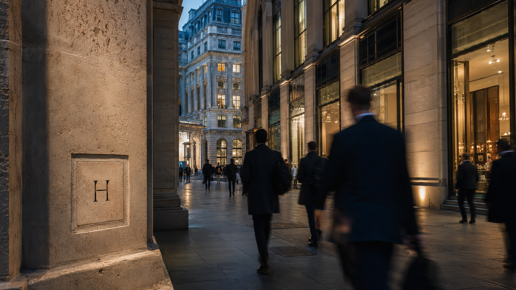 A financial district street at dusk, figures moving past lit windows, a letter H cut into the stone of the building in the foreground.