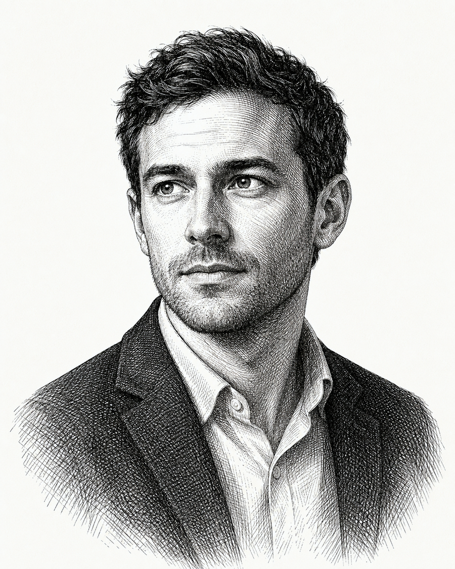 Engraved portrait representing the Cole Mercer research desk.