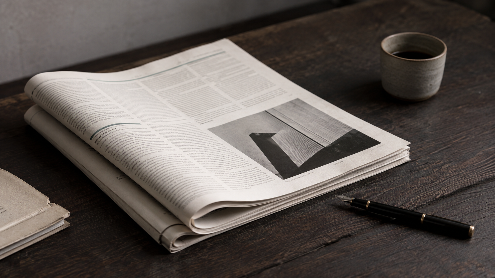 A folded broadsheet newspaper open on a dark wood table beside a fountain pen and a cup of coffee