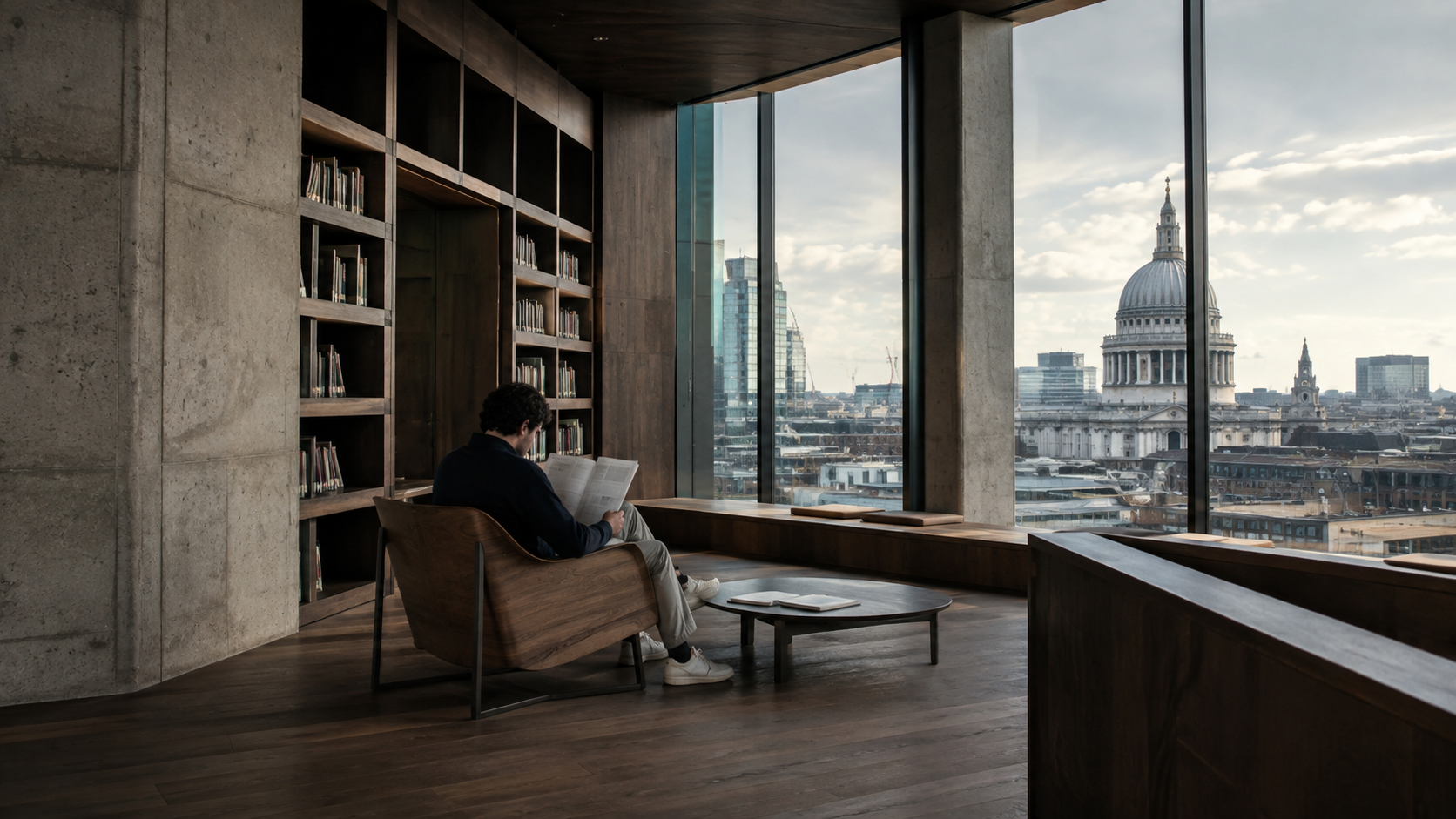 A reader in an armchair with a newspaper in a concrete and timber library, tall windows looking out over a city skyline