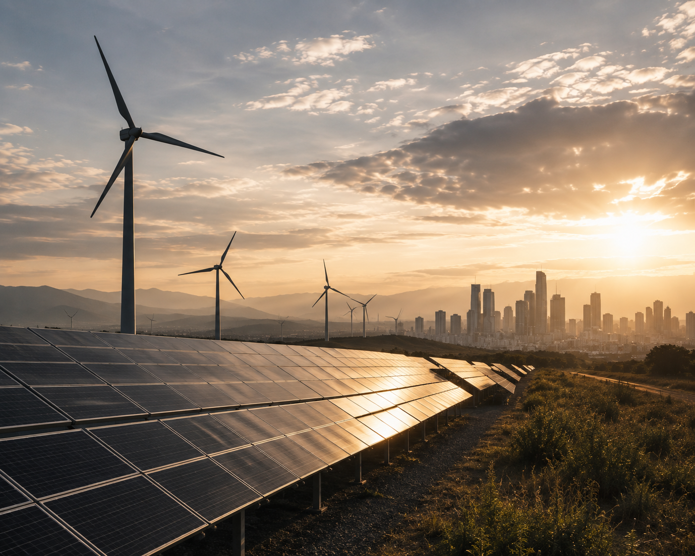 A solar array and wind turbines on high ground at sunset, with a city skyline on the horizon